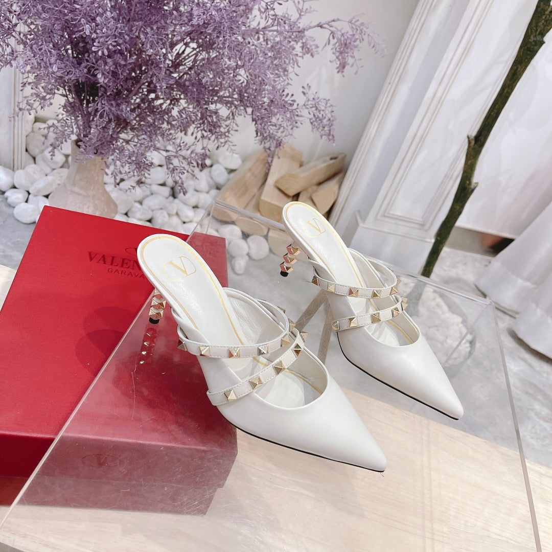 Valentino Rockstud Tower Heel Mules Sheepskin 239526