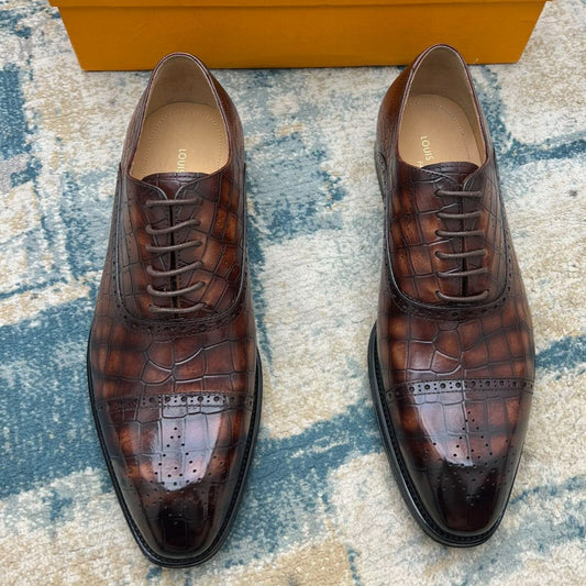 LV LACE-UP SHOES IN BROWN CROCODILE CALFSKIN