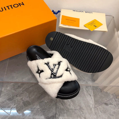 LV Paseo Flat Comfort Mule White Black Fleece