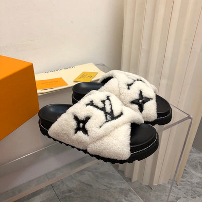 LV Paseo Flat Comfort Mule White Black Fleece