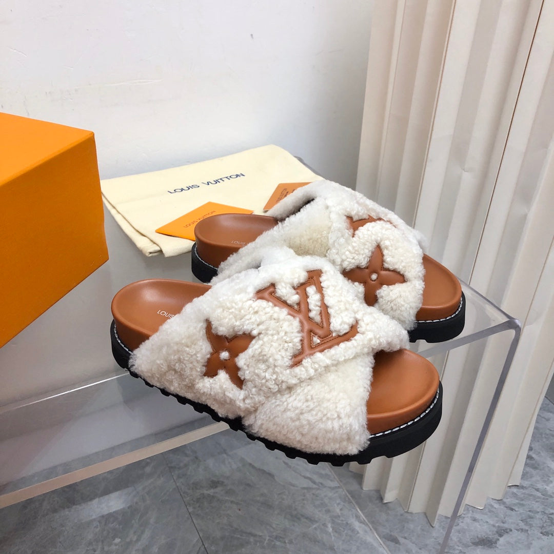 LV Paseo Flat Comfort Mule White Brown Fleece
