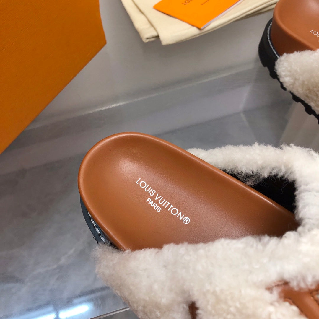 LV Paseo Flat Comfort Mule White Brown Fleece