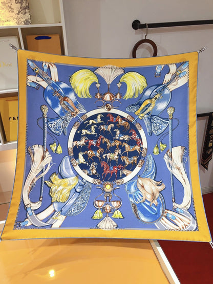 Cavalcades Scarf 90 CM In Blue Yellow Colorful Silk Twill 288859