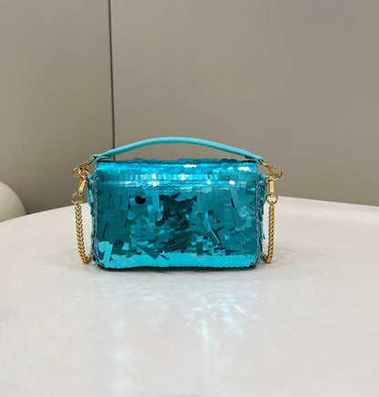 BAGUETTE MINI 19 IN BRIGHT TURQUOISE SEQUINS GOLD HARDWARE