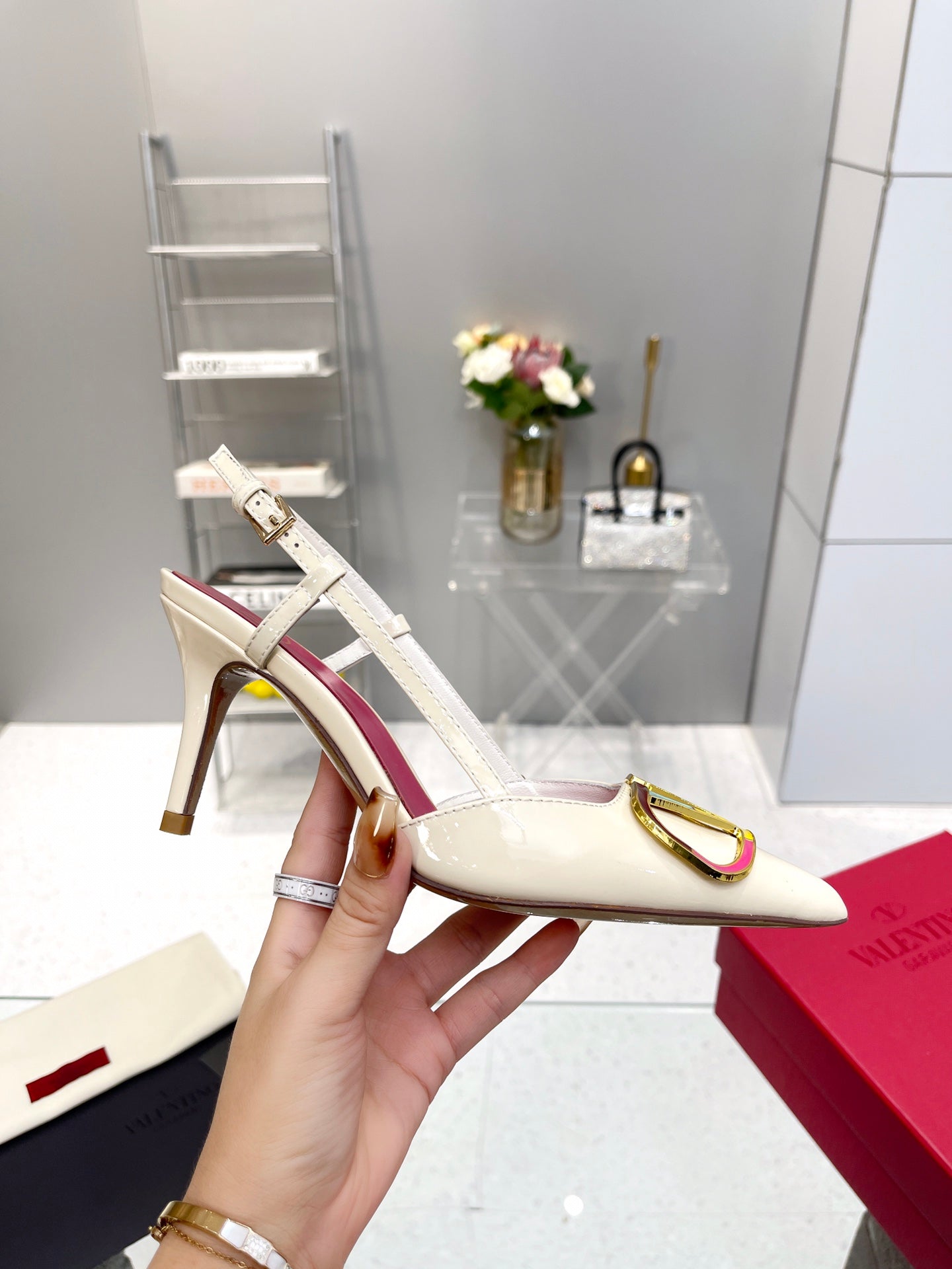 VT Vlogo Signature 75mm White Slingback Patent Leather