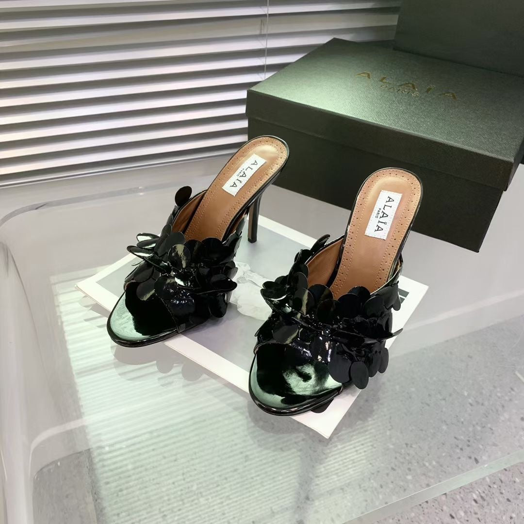 Alaia Confetti Leather Mules Glossy Black Sheepskin Cowhide 293163