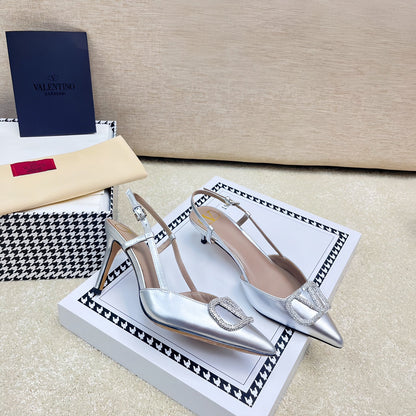 VLOGO SLINGBACK PUMP IN SILVER CALFSKIN LEATHER