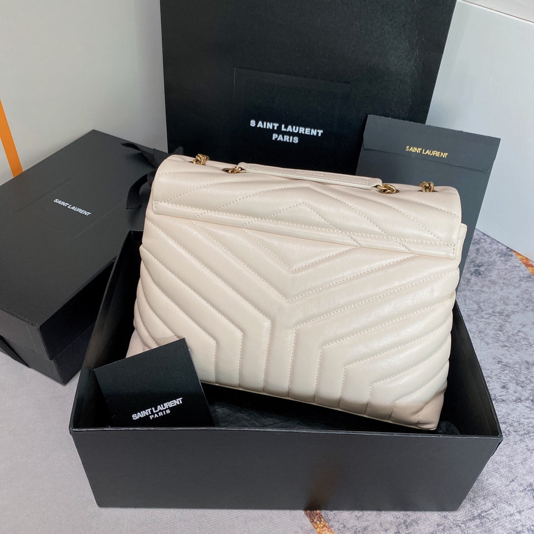 LOULOU MEDIUM 32 WHITE QUILTED LEATHER GOLD HARDWARE