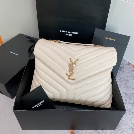 LOULOU MEDIUM 32 WHITE QUILTED LEATHER GOLD HARDWARE