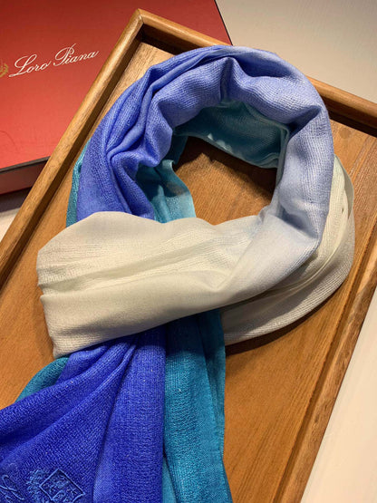 LP Scarf 190 CM In Blue White Gradient Dark Green Cashmere And Silk 945595