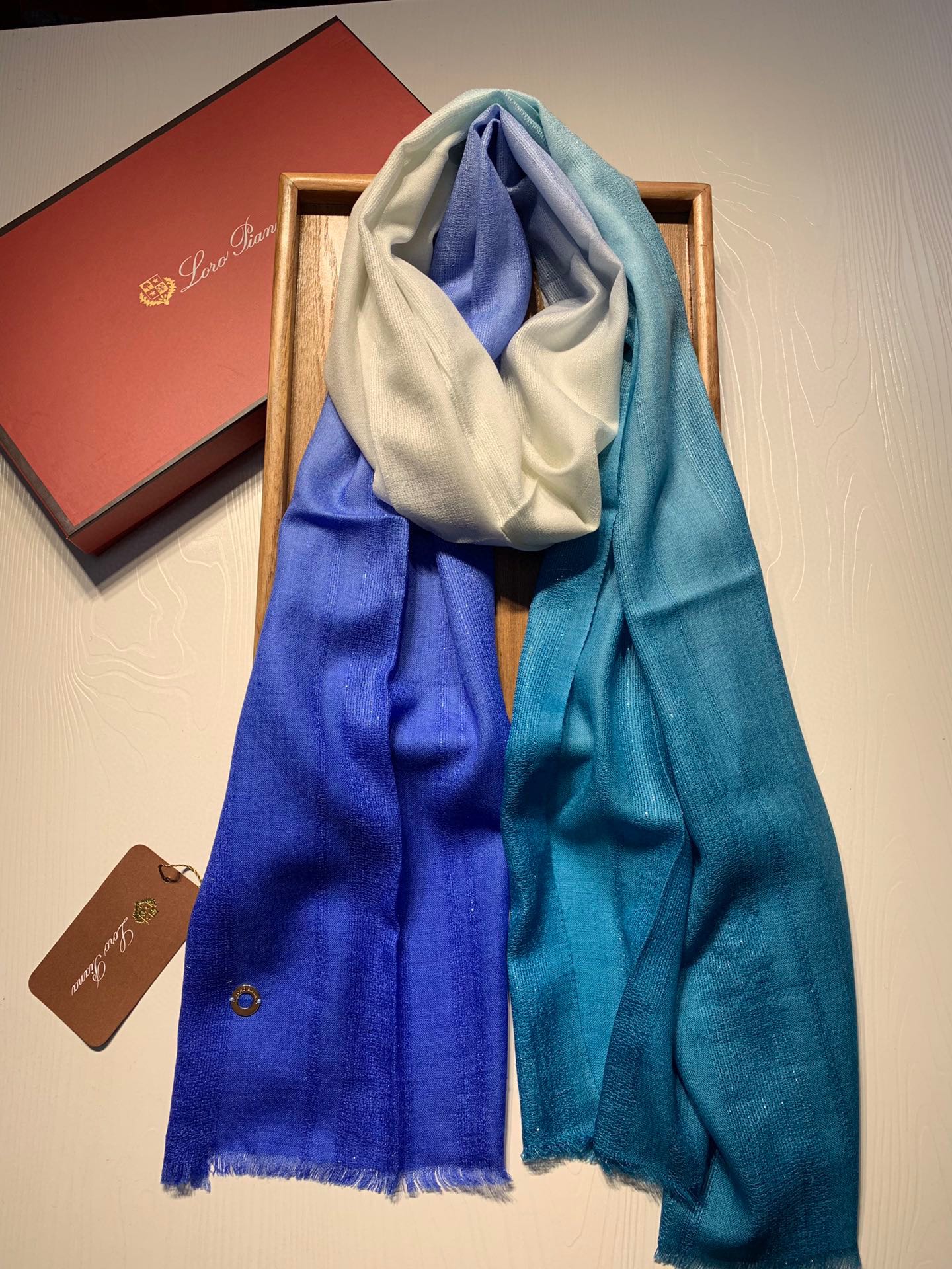 LP Scarf 190 CM In Blue White Gradient Dark Green Cashmere And Silk 945595