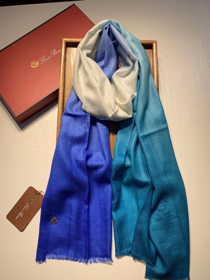 LP Scarf 190 CM In Blue White Gradient Dark Green Cashmere And Silk 945595