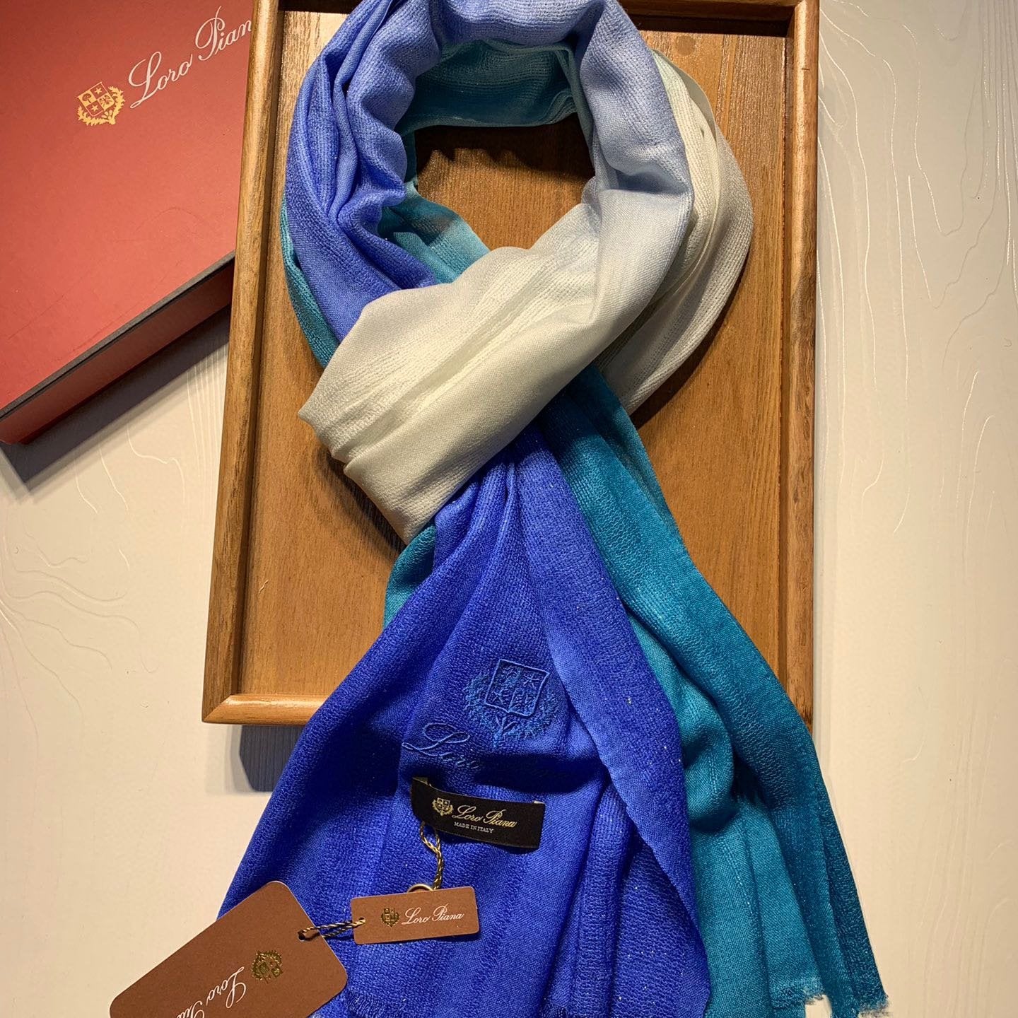 LP Scarf 190 CM In Blue White Gradient Dark Green Cashmere And Silk 945595
