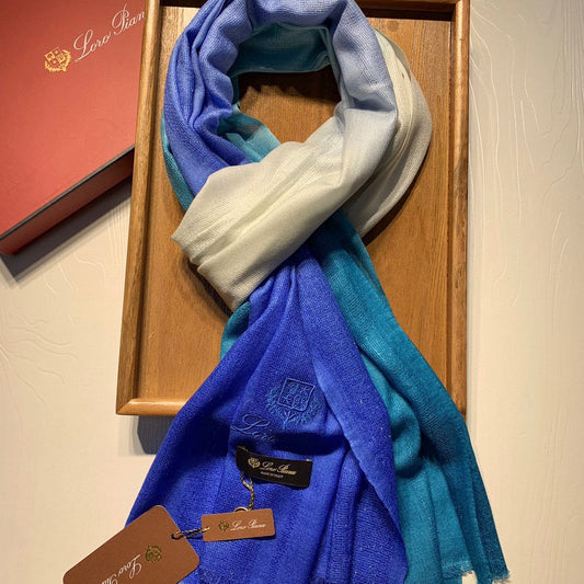 LP Scarf 190 CM In Blue White Gradient Dark Green Cashmere And Silk 945595