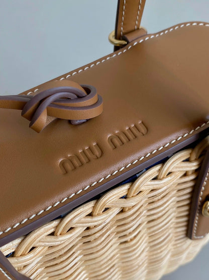 BASKET 20 BAG IN BROWN BEIGE WICKER AND LEATHER