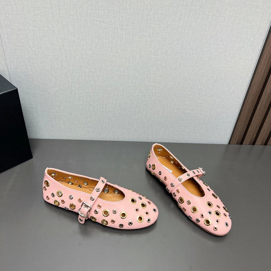 ALAIA MARY JANE SHOES IN LIGHT PINK LAMBSKIN GOLD MIX SILVER HARDWARE