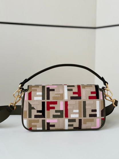 BAGUETTE CANVAS 27 BAG WITH MULTICOLOUR FF EMBROIDERY GOLD HARDWARE