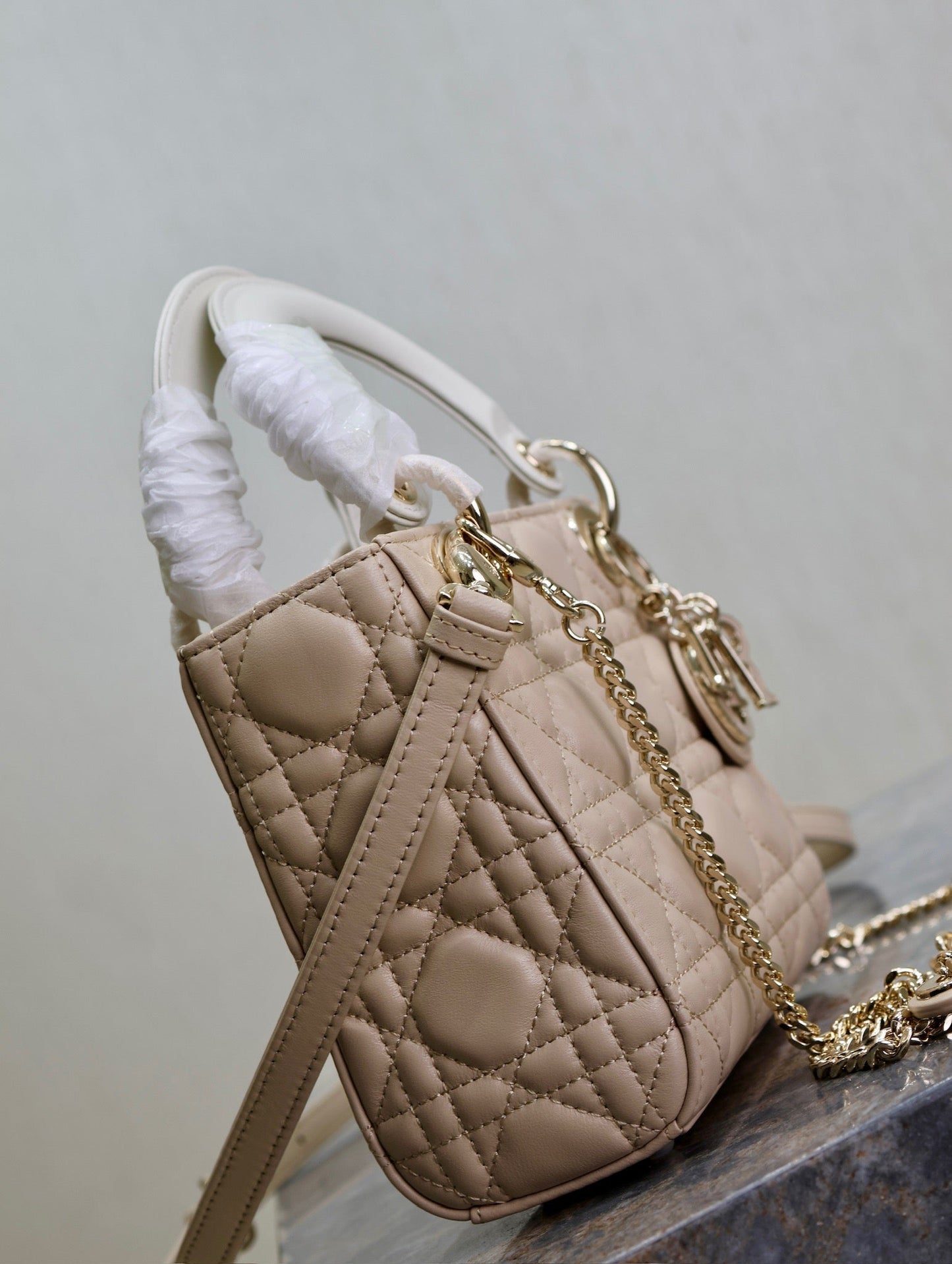 Lady Bag 17cm Beige White Lambksin