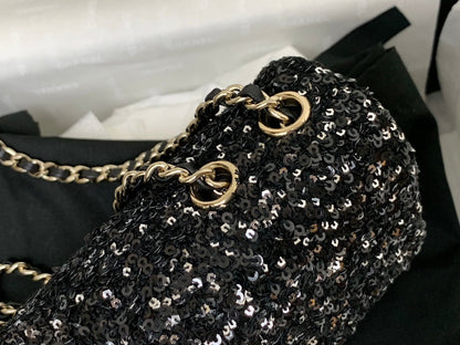 25C Flap Bag 20cm Black Polka Dot Silver Sequin Calfskin