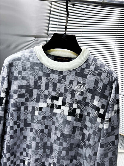 LV KNITTED SWEATER IN GRAY BLACK WHITE DAMOFLAGE MOTIF WOOL 238799