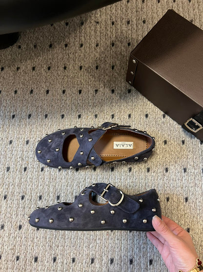 Alaia 25 Criss Cross With Stud Ballet Flats Azure Blue Suede Sheepskin 303691
