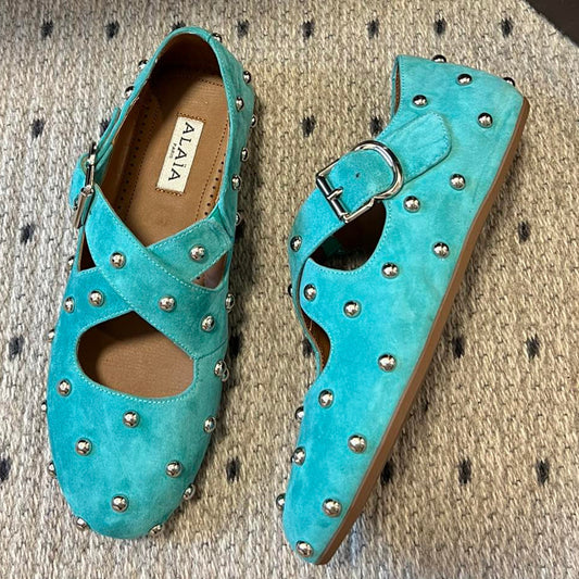 Alaia 25 Criss Cross With Stud Ballet Flats Lagoon Green Suede Sheepskin 303692