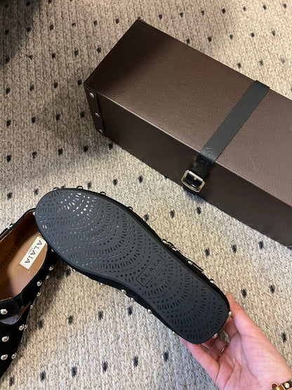 Alaia 25 Criss Cross With Stud Ballet Flats Black Suede Sheepskin  303693