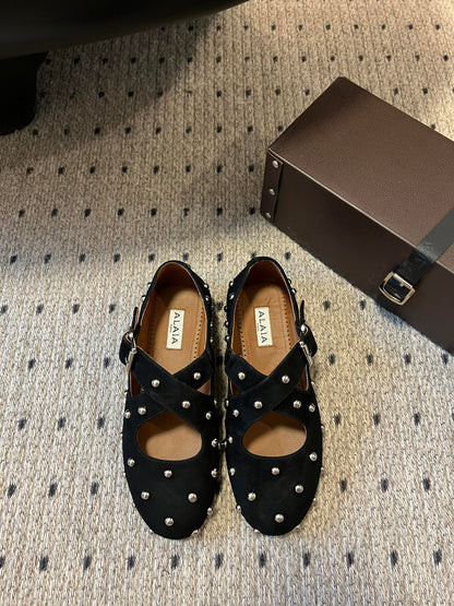 Alaia 25 Criss Cross With Stud Ballet Flats Black Suede Sheepskin  303693