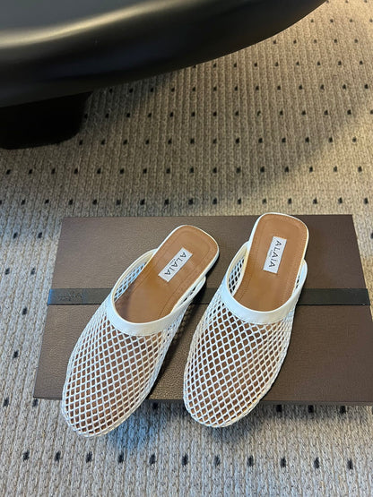 Alaia 25 Fishnet Flat Mules White  Lampskin 303681