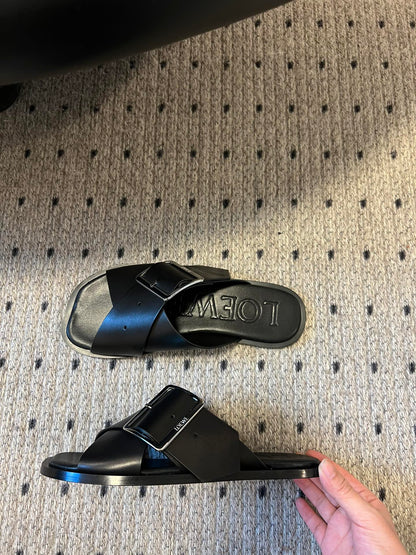 Loewe 25 Petal Belt Flat Sandals Black Sheepskin