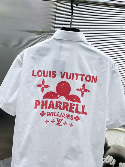 LV SHORT-SLEEVED SHIRT IN WHITE COTTON PINK LOGO 238814
