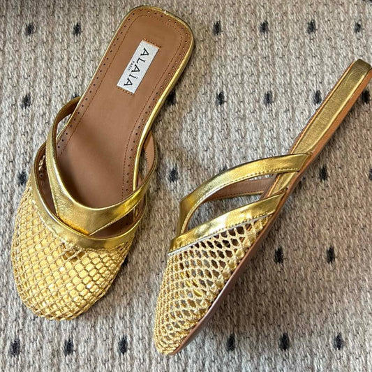 Alaia 25 Infradito Fishnet Flat Mules Gold Lampskin 303709