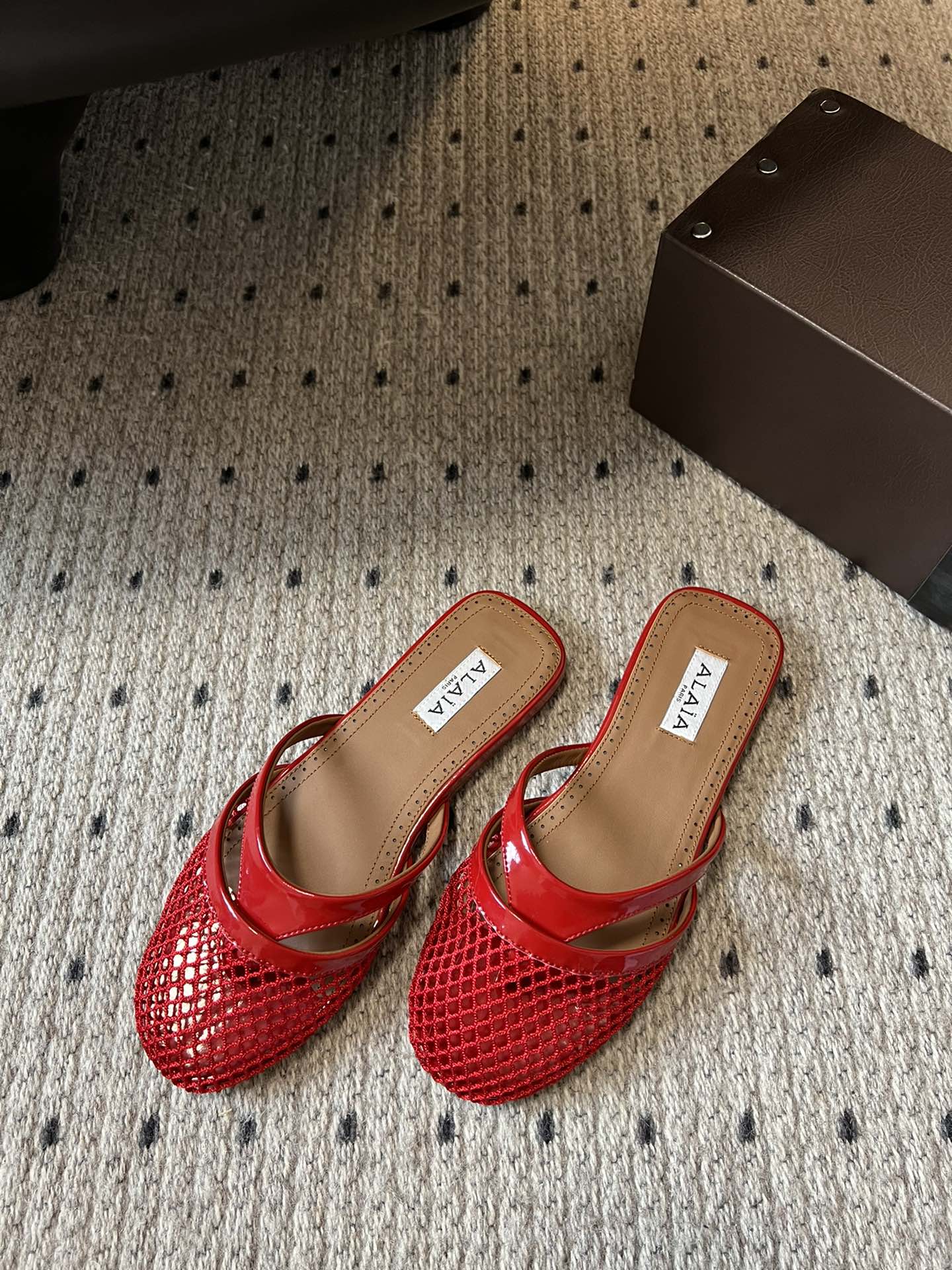 Alaia 25 Infradito Fishnet Flat Mules Red Lampskin 303710