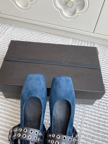 Alaia 25 Biker Ballet Flats Blue Suede  291056
