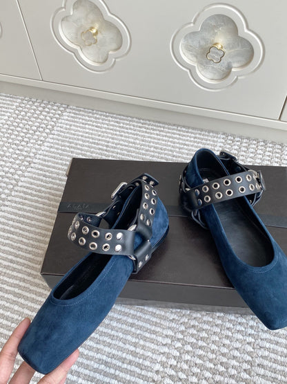 Alaia 25 Biker Ballet Flats Blue Suede  291056