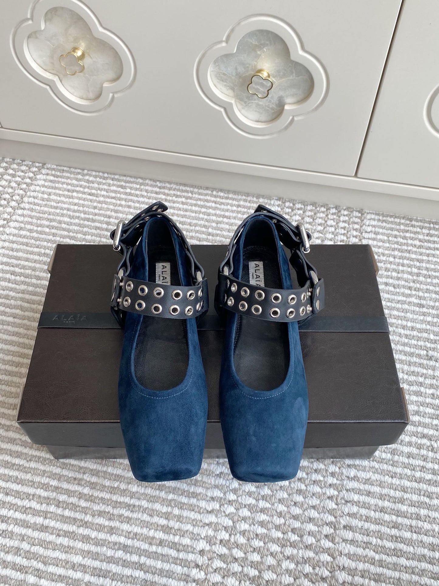 Alaia 25 Biker Ballet Flats Blue Suede  291056