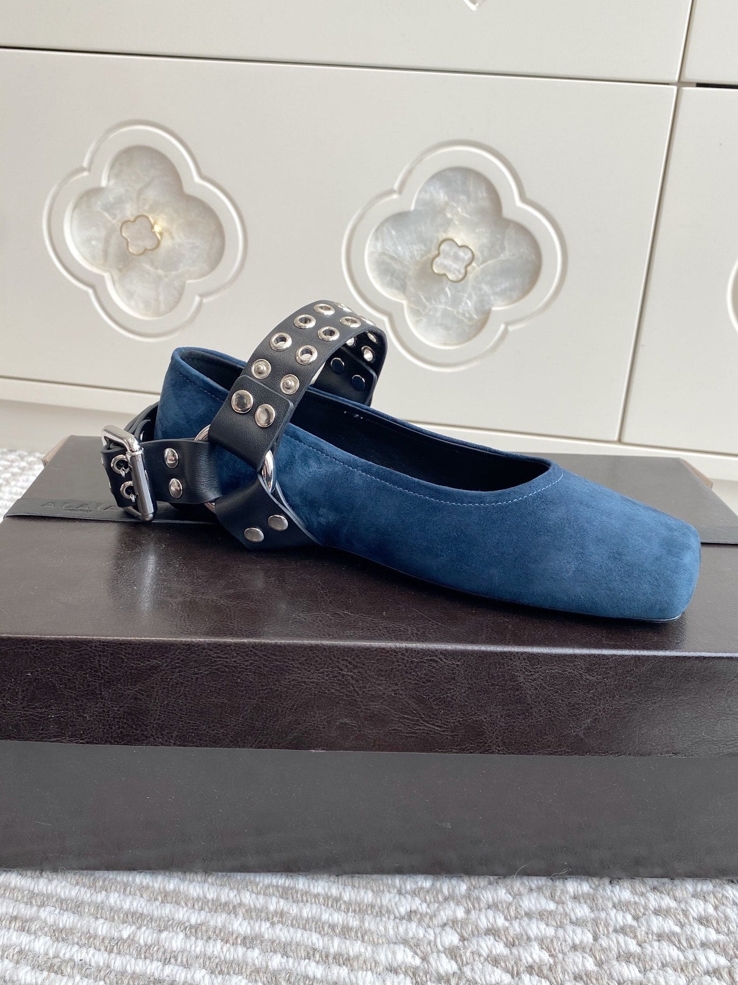 Alaia 25 Biker Ballet Flats Blue Suede  291056