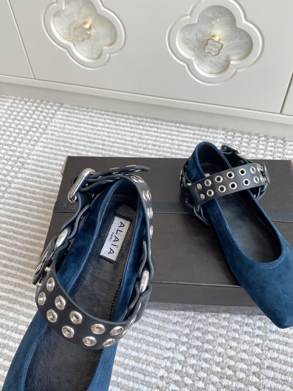 Alaia 25 Biker Ballet Flats Blue Suede  291056
