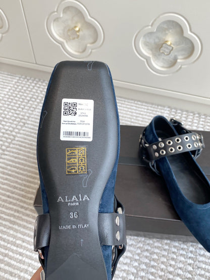 Alaia 25 Biker Ballet Flats Blue Suede  291056