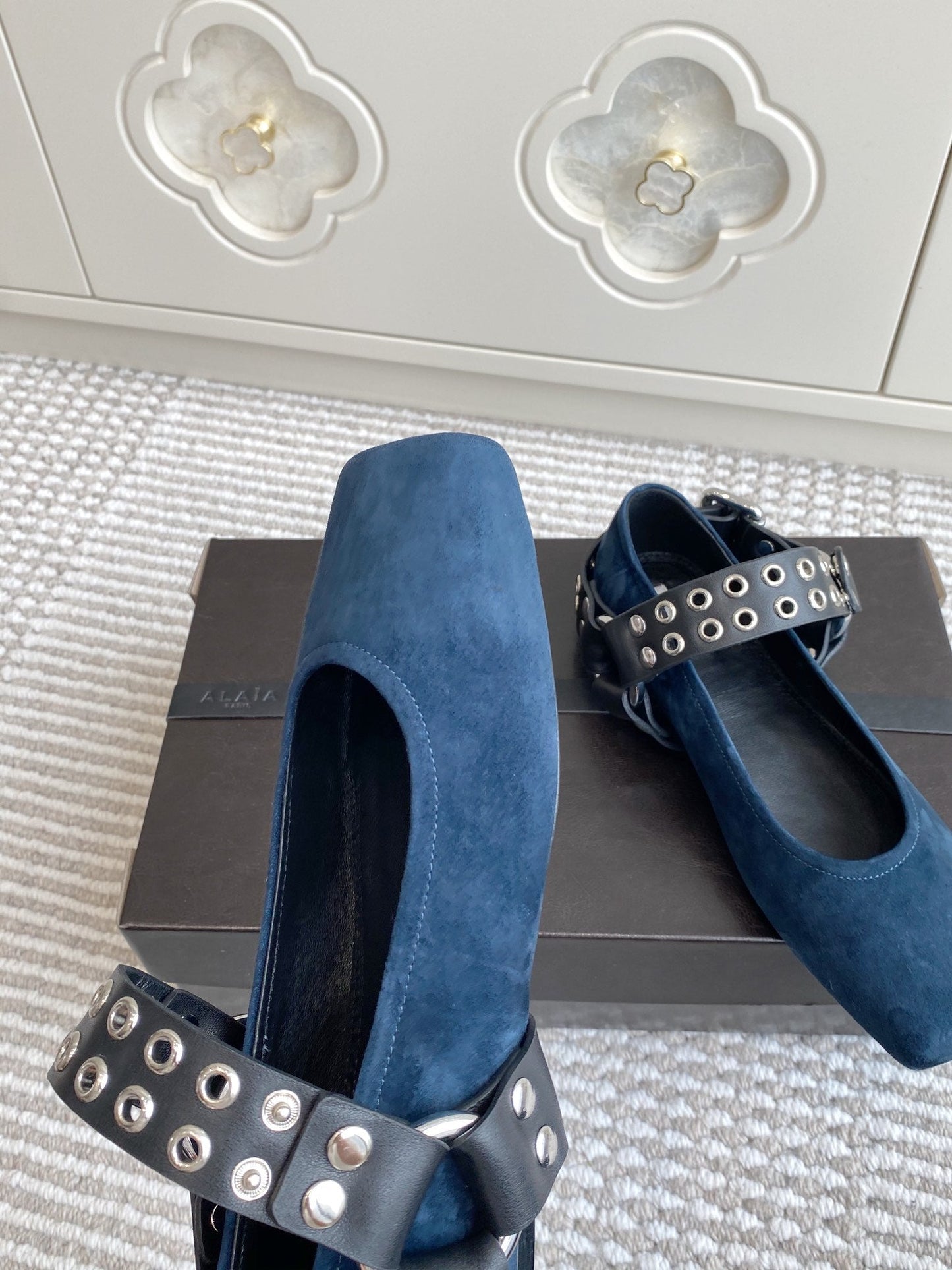 Alaia 25 Biker Ballet Flats Blue Suede  291056
