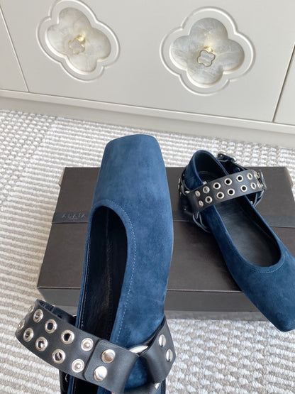Alaia 25 Biker Ballet Flats Blue Suede  291056