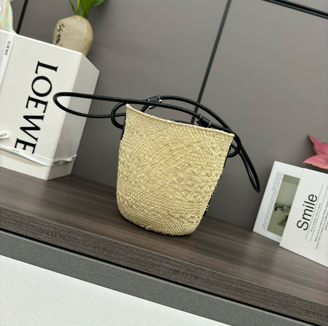 Loew Anagram Basket 34cm Beige Raffia Black Calfskin