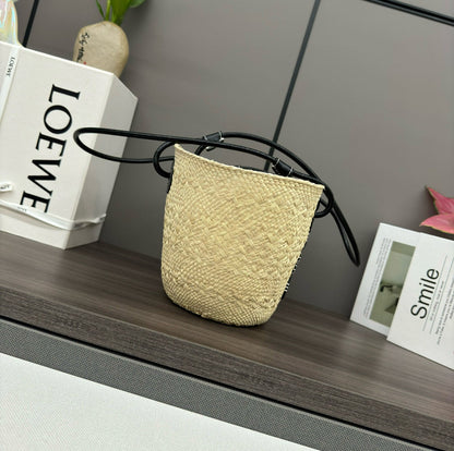 Loew Anagram Basket 34cm Beige Raffia Black Calfskin