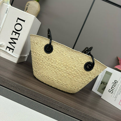 Loew Anagram Basket 34cm Beige Raffia Black Calfskin