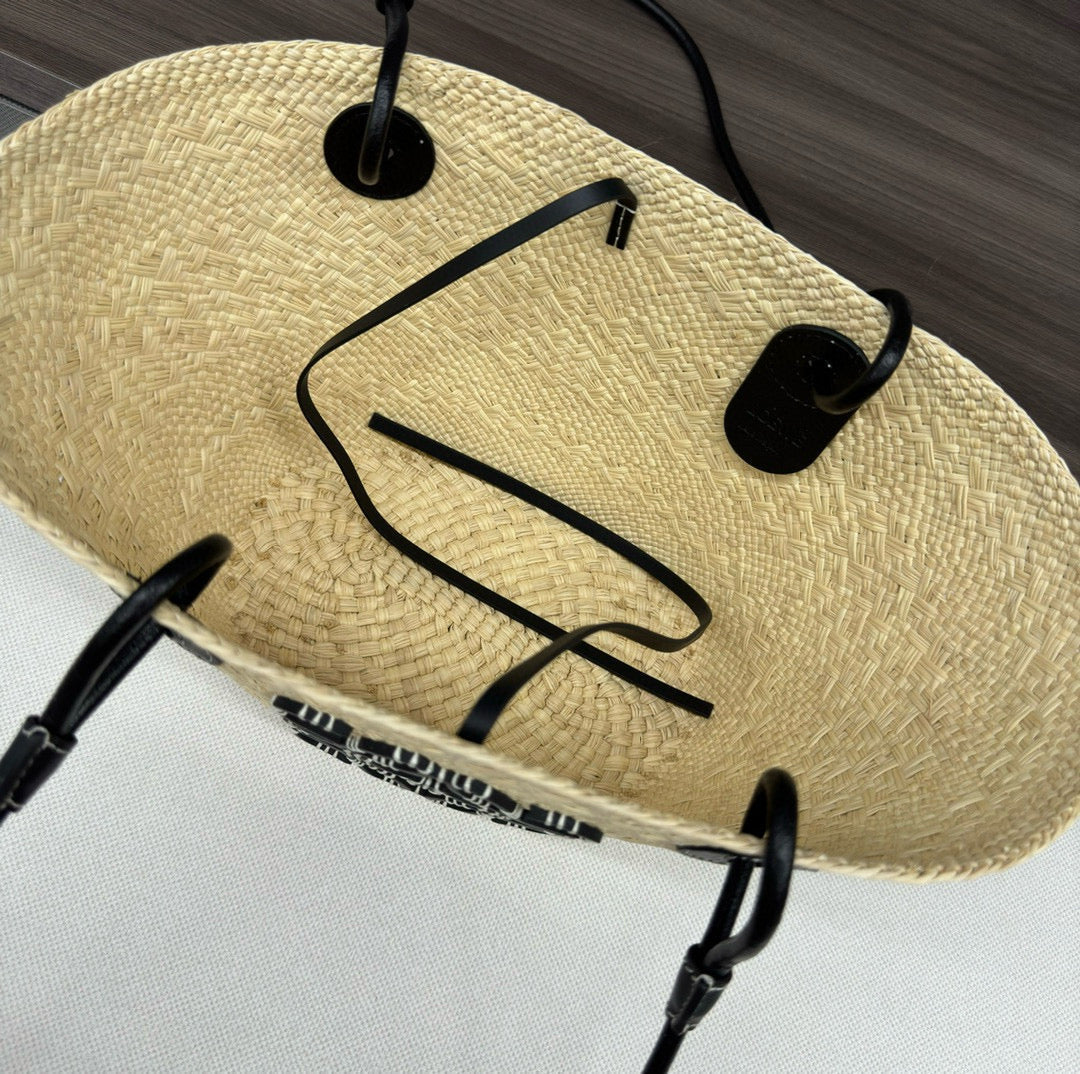 Loew Anagram Basket 34cm Beige Raffia Black Calfskin