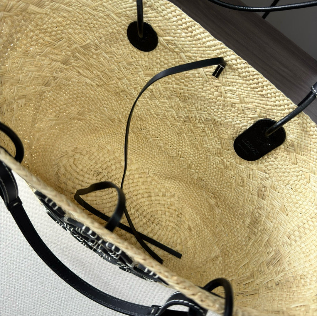 Loew Anagram Basket 46cm Beige Raffia Black Calfskin