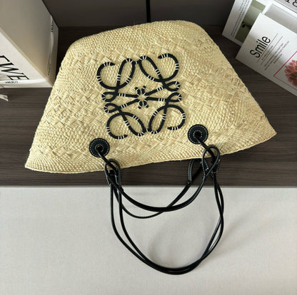 Loew Anagram Basket 46cm Beige Raffia Black Calfskin