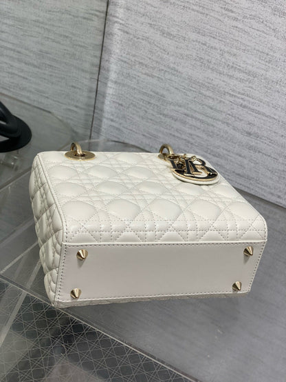 Lady Dior 20cm White Black  Gold Chain Lambskin