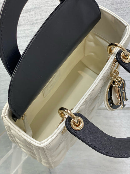 Lady Dior 20cm White Black  Gold Chain Lambskin