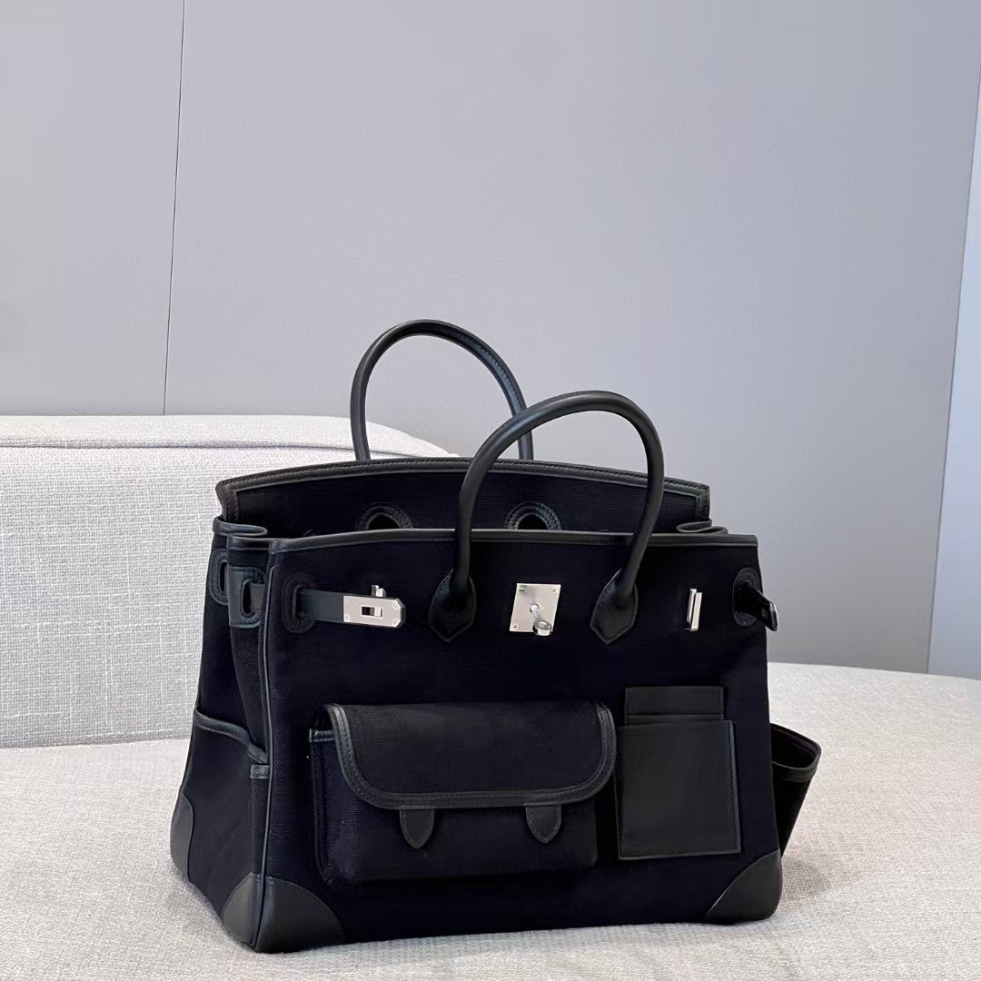 HM Birkin Cargo 35cm Black Sesame Swift and Canvas Silver Hardware